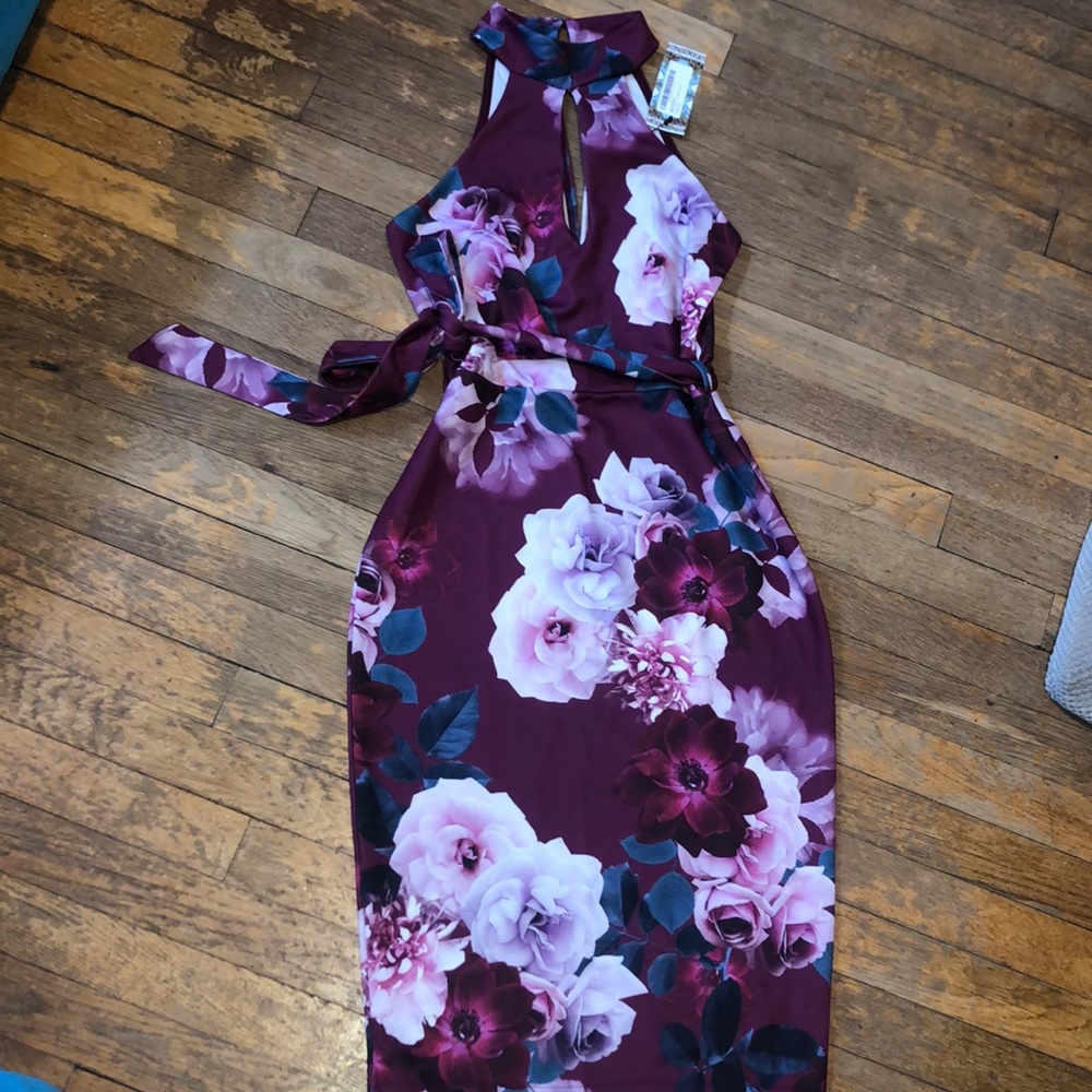 High neck floral cut out detail dress